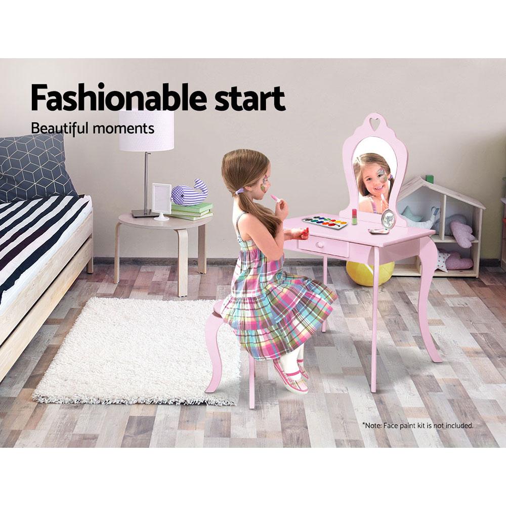 Keezi Pink Kids Vanity Dressing Table Set with stool and faux mirror, designed for little girls to enjoy makeup and play.